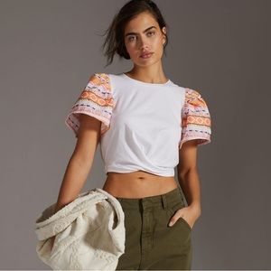 Anthropologie Dolan Embroidered-Sleeve Twist Crop Top - Small